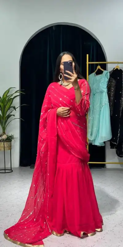 ST 1035 Pink Color Georgette Embroidery Moti Work Lehenga Saree Casual, Wedding, Party, Festive, Events Etc. Expected Delivery 4-6 Working Days @2049/- | Lehenga, Bollywood Lehenga, Creative Lehenga, Designer Lehenga, Embroidered Lehenga, Party Wear Lehenga