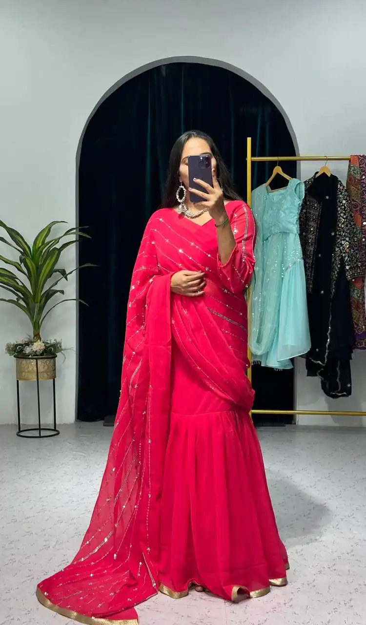 ST 1035 Pink Color Georgette Embroidery Moti Work Lehenga Saree Casual, Wedding, Party, Festive, Events Etc. Expected Delivery 4-6 Working Days @2049/- | Lehenga, Bollywood Lehenga, Creative Lehenga, Designer Lehenga, Embroidered Lehenga, Party Wear Lehenga