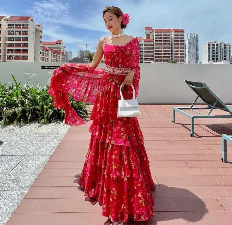 RC 233 Pink Color Georgette Silk Printed With Ruffle Layer Lehenga Choli Casual, Party Wedding, Festive, Events Etc. Delivery  4-6 Working Days 1999/- | Lehenga, Bollywood Lehenga, Creative Lehenga, Designer Lehenga, Embroidered Lehenga, Party Wear Lehenga