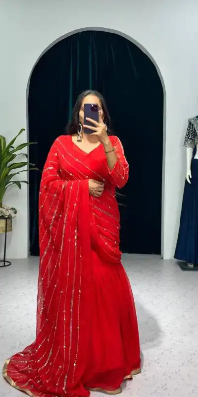 ST 1035 Red Color Georgette Embroidery Moti Work Lehenga Saree Casual, Wedding, Party, Festive, Events Etc. Expected Delivery 4-6 Working Days @2049/- | Lehenga, Bollywood Lehenga, Creative Lehenga, Designer Lehenga, Embroidered Lehenga, Party Wear Lehenga