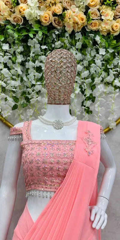 KD 446 Salmon Pink  Color Faux Georgette Ruffle Patch Work Saree Casual, Party, Wedding, Festive, Events Etc.  Expected Delivery  4-6 Working Days @1899/- Only | Designer Sarees, Sarees, Bollywood Sarees, Creative Sarees, Embroidered Sarees, Ethnic Saree, Modern Digital sarees, Party Wear Sarees