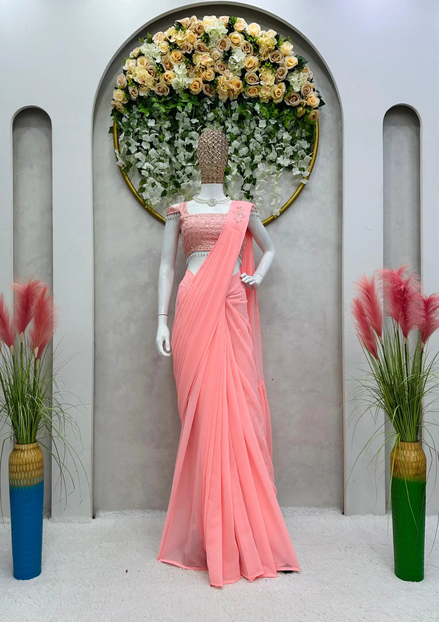 KD 446 Salmon Pink  Color Faux Georgette Ruffle Patch Work Saree Casual, Party, Wedding, Festive, Events Etc.  Expected Delivery  4-6 Working Days @1899/- Only | Designer Sarees, Sarees, Bollywood Sarees, Creative Sarees, Embroidered Sarees, Ethnic Saree, Modern Digital sarees, Party Wear Sarees