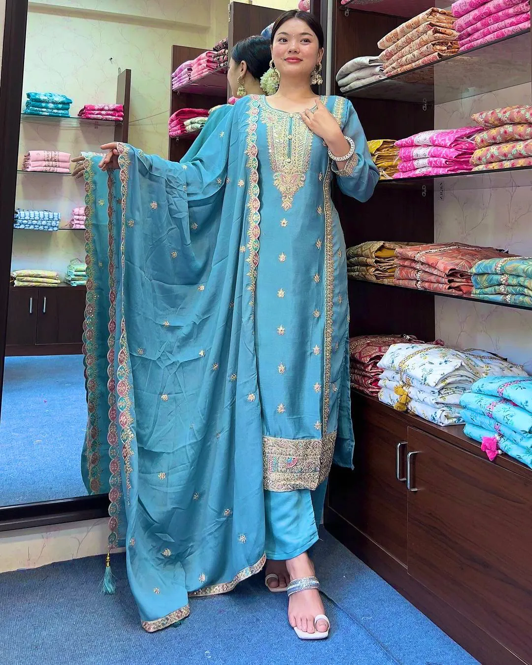 SRK-5148 Sky Blue Color Pure Chinnon Silk Embroidery Sequence Salwar Suit Wedding, Party, Festive, Events Expected Delivery 4-6 Working Days @ 1950/- | Jump Suits, Salwar suit, Casual Suits, Creative suits, Designer Suits, Palazzo Suits, Party Wear Suits, Patiala Suits, Straight Suits