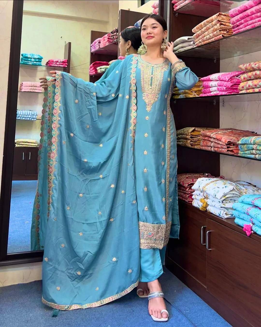 SRK-5148 Sky Blue Color Pure Chinnon Silk Embroidery Sequence Salwar Suit Wedding, Party, Festive, Events Expected Delivery 4-6 Working Days @ 1950/- | Jump Suits, Salwar suit, Casual Suits, Creative suits, Designer Suits, Palazzo Suits, Party Wear Suits, Patiala Suits, Straight Suits
