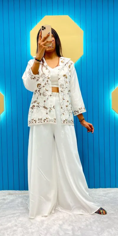 LG 1798 White Color Fiona Silk Koti / Blazer Sequence Embroidery Salwar Suit Casual, Wedding, Festive, Events Expected Delivery 4-6 Working Days @1949/- | Jump Suits, Salwar suit, Casual Suits, Creative suits, Designer Suits, Palazzo Suits, Party Wear Suits, Patiala Suits, Straight Suits