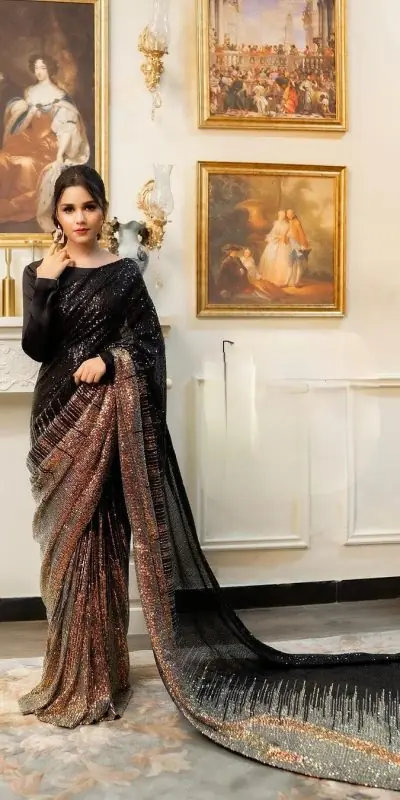 DF 3407 Black Heavy Dual Sequins Embroidery Work Saree Casual, Party Wear, Wedding, Events, Festivals Wear Etc. Expected Delivery 4-6 Working Days 1750/- | Designer Sarees, Sarees, Bollywood Sarees, Creative Sarees, Embroidered Sarees, Ethnic Saree, Modern Digital sarees, Party Wear Sarees