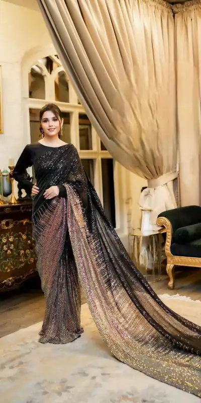 DF 3407 Black Heavy Dual Sequins Embroidery Work Saree Casual, Party Wear, Wedding, Events, Festivals Wear Etc. Expected Delivery 4-6 Working Days 1750/- | Designer Sarees, Sarees, Bollywood Sarees, Creative Sarees, Embroidered Sarees, Ethnic Saree, Modern Digital sarees, Party Wear Sarees