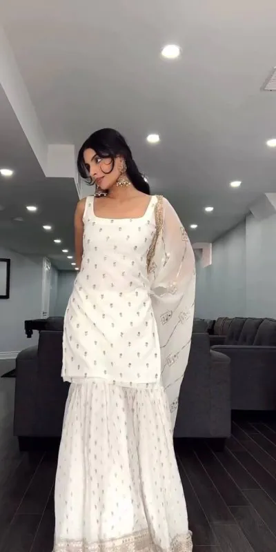 SRK 5147 White Color Pure Chinnon Silk Embroidery Sequence Salwar Suit Wedding, Party, Festive, Events Expected Delivery 4-6 Working Days @ 2099/- Only | Salwar suit, Casual Suits, Creative suits, Designer Suits, Party Wear Suits, Straight Suits