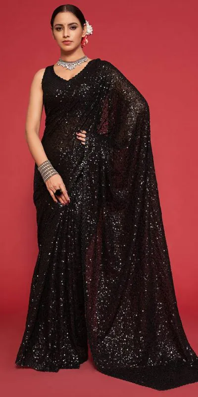 DF Sequins Rani Black Georgette Double Run Embroidery Saree Casual, Party Wear, Events, Festivals Wear Expected Delivery 4-6 Working Days 1750 /- | Designer Sarees, Sarees, Bollywood Sarees, Creative Sarees, Embroidered Sarees, Ethnic Saree, Modern Digital sarees, Party Wear Sarees