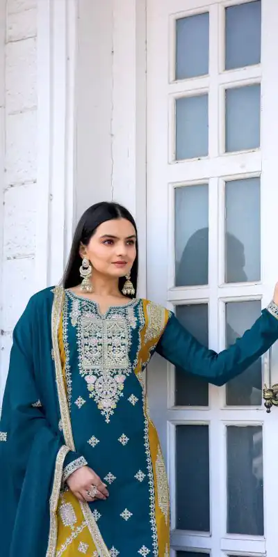 AD153 Blue Color Chinon Silk Embroidery Sequence Sharara Suit Fancy Full Sleeve Wedding, Party, Festive, Events . Expected Delivery  4-6 Working Days @2199 | Jump Suits, Salwar suit, Casual Suits, Creative suits, Designer Suits, Palazzo Suits, Party Wear Suits, Patiala Suits, Straight Suits