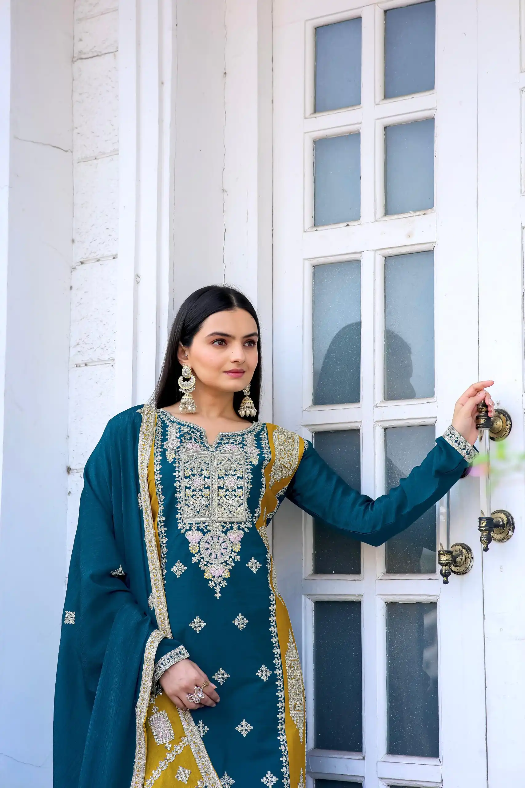 AD153 Blue Color Chinon Silk Embroidery Sequence Sharara Suit Fancy Full Sleeve Wedding, Party, Festive, Events . Expected Delivery  4-6 Working Days @2199 | Jump Suits, Salwar suit, Casual Suits, Creative suits, Designer Suits, Palazzo Suits, Party Wear Suits, Patiala Suits, Straight Suits