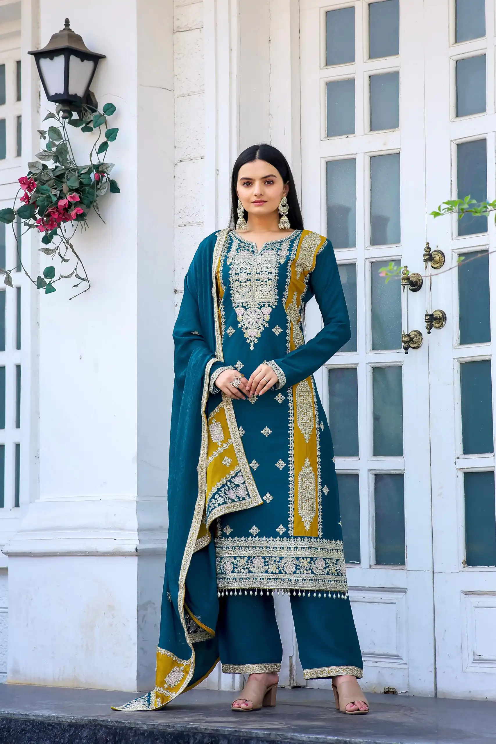 AD153 Blue Color Chinon Silk Embroidery Sequence Sharara Suit Fancy Full Sleeve Wedding, Party, Festive, Events . Expected Delivery  4-6 Working Days @2199 | Jump Suits, Salwar suit, Casual Suits, Creative suits, Designer Suits, Palazzo Suits, Party Wear Suits, Patiala Suits, Straight Suits