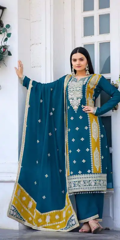 AD153 Blue Color Chinon Silk Embroidery Sequence Sharara Suit Fancy Full Sleeve Wedding, Party, Festive, Events . Expected Delivery 4-6 Working Days @2199 | Jump Suits, Salwar suit, Casual Suits, Creative suits, Designer Suits, Palazzo Suits, Party Wear Suits, Patiala Suits, Straight Suits