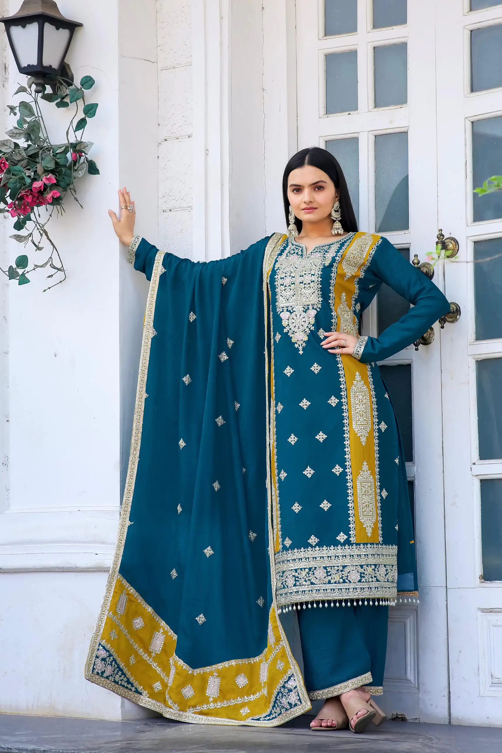 AD153 Blue Color Chinon Silk Embroidery Sequence Sharara Suit Fancy Full Sleeve Wedding, Party, Festive, Events . Expected Delivery  4-6 Working Days @2199 | Jump Suits, Salwar suit, Casual Suits, Creative suits, Designer Suits, Palazzo Suits, Party Wear Suits, Patiala Suits, Straight Suits