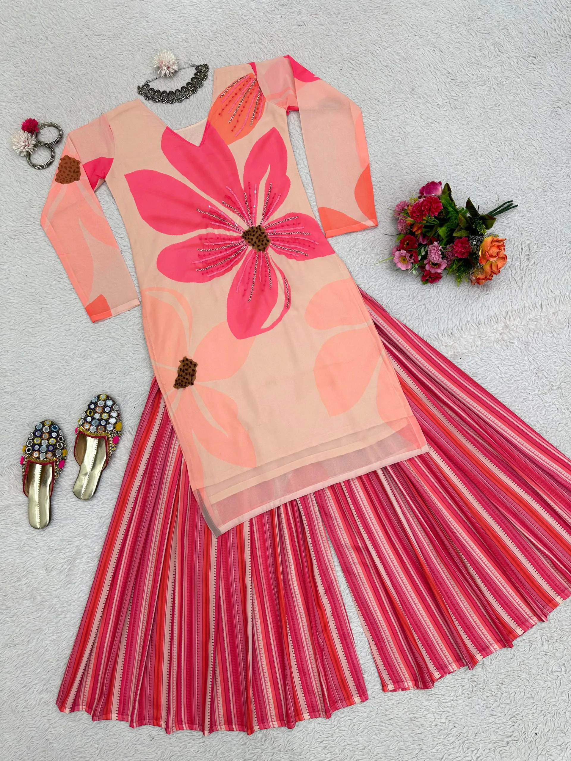 RTC 5687 Pink Color Georgette Digital Print Handwork Salwar Suit Casual, Wedding, Festive, Events Etc. Expected Delivery 4-6 Working Days @1949/- | Jump Suits, Salwar suit, Casual Suits, Creative suits, Designer Suits, Palazzo Suits, Party Wear Suits, Patiala Suits, Straight Suits