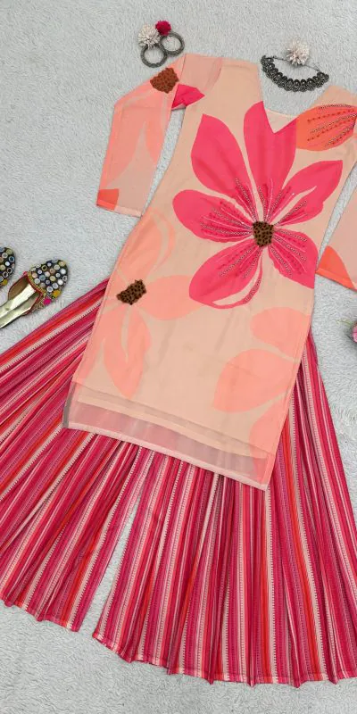 RTC 5687 Pink Color Georgette Digital Print Handwork Salwar Suit Casual, Wedding, Festive, Events Etc. Expected Delivery 4-6 Working Days @1949/- | Jump Suits, Salwar suit, Casual Suits, Creative suits, Designer Suits, Palazzo Suits, Party Wear Suits, Patiala Suits, Straight Suits