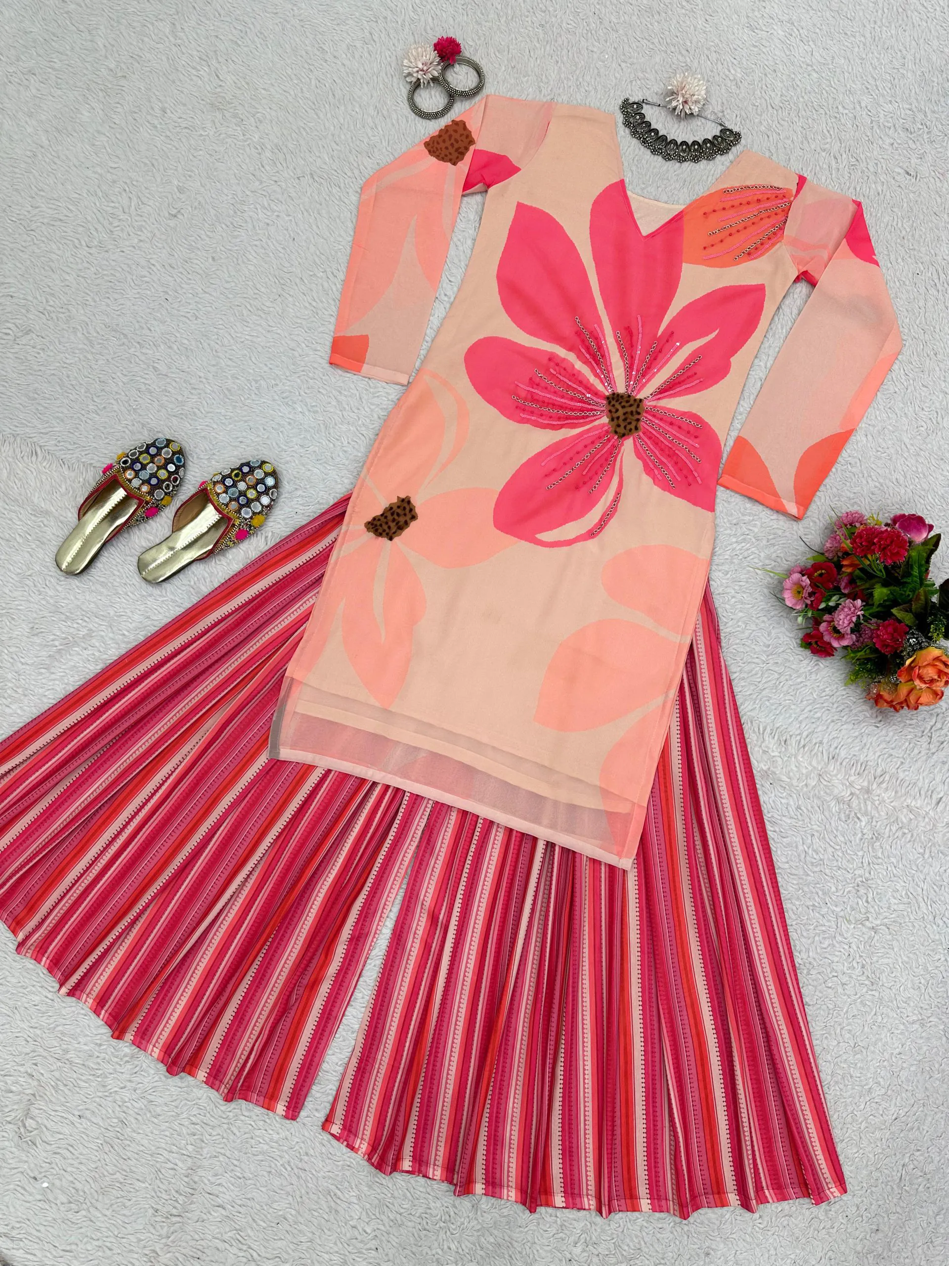 RTC 5687 Pink Color Georgette Digital Print Handwork Salwar Suit Casual, Wedding, Festive, Events Etc. Expected Delivery 4-6 Working Days @1949/- | Jump Suits, Salwar suit, Casual Suits, Creative suits, Designer Suits, Palazzo Suits, Party Wear Suits, Patiala Suits, Straight Suits