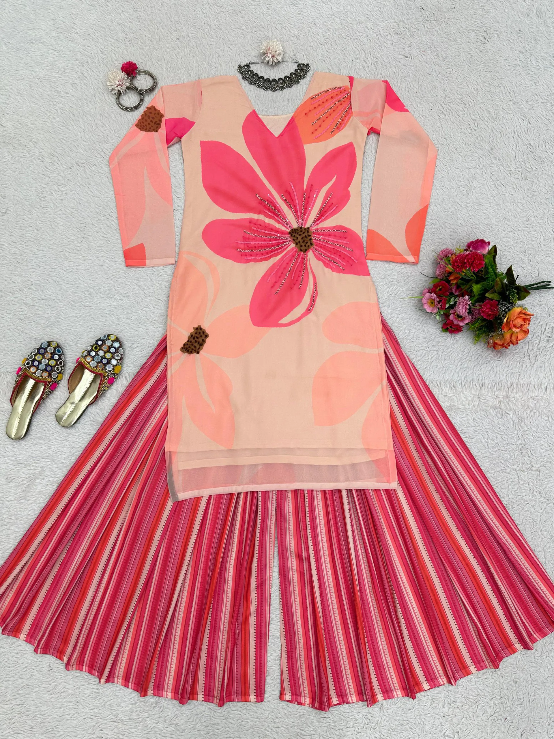 RTC 5687 Pink Color Georgette Digital Print Handwork Salwar Suit Casual, Wedding, Festive, Events Etc. Expected Delivery 4-6 Working Days @1949/- | Jump Suits, Salwar suit, Casual Suits, Creative suits, Designer Suits, Palazzo Suits, Party Wear Suits, Patiala Suits, Straight Suits