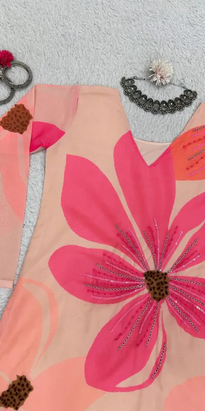 RTC 5687 Pink Color Georgette Digital Print Handwork Salwar Suit Casual, Wedding, Festive, Events Etc. Expected Delivery 4-6 Working Days @1949/- | Jump Suits, Salwar suit, Casual Suits, Creative suits, Designer Suits, Palazzo Suits, Party Wear Suits, Patiala Suits, Straight Suits