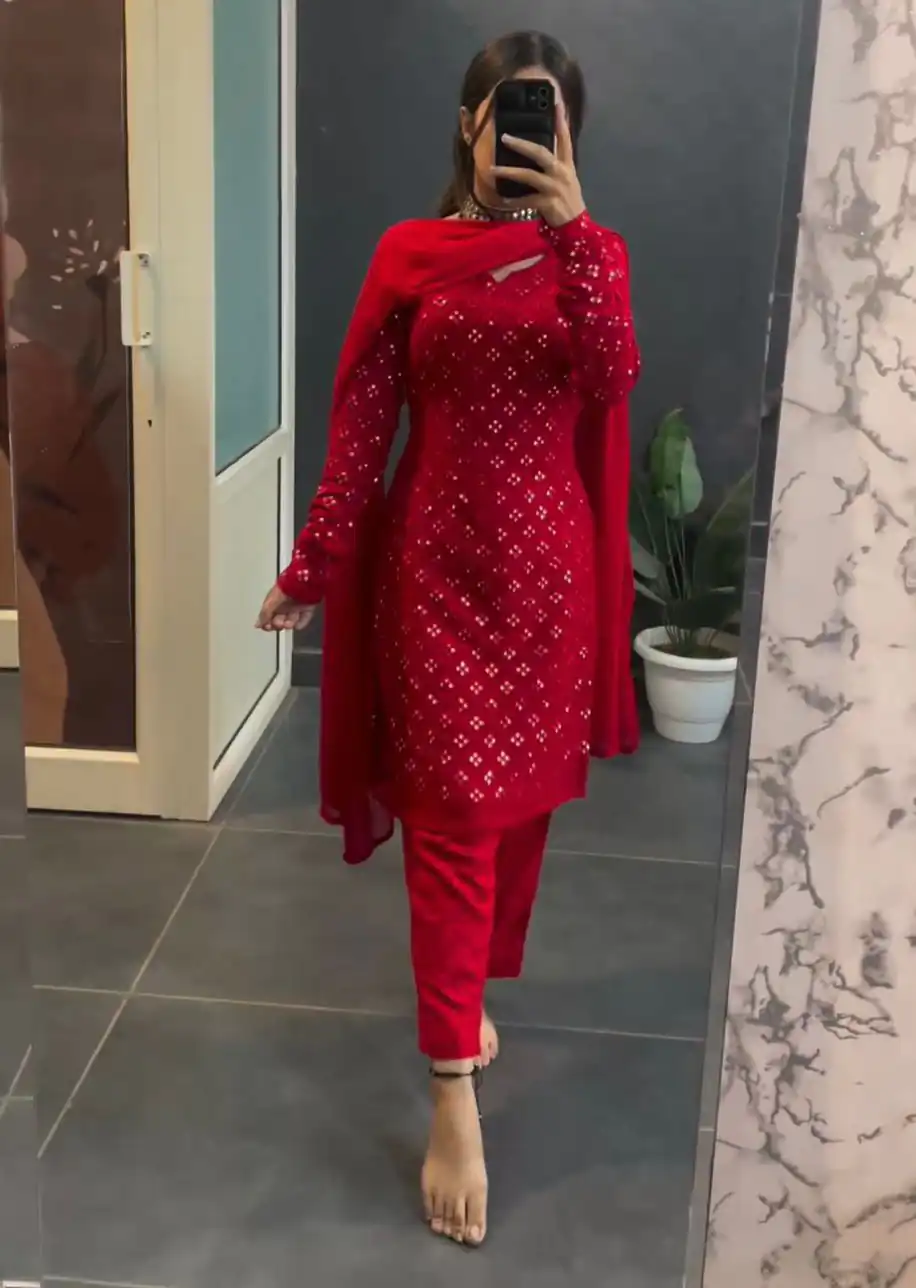 KD 1416 Red Faux Georgette Sequence Thread work Salwar Suit Work : Embroidery With Sequence Thread Work Party, Wedding, Festive @1999/- Only | Salwar suit, Casual Suits, Creative suits, Designer Suits, Palazzo Suits, Party Wear Suits, Straight Suits