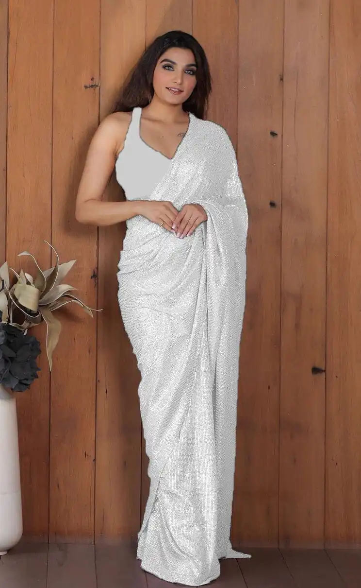 DF Sequins Rani White Georgette Double Run Embroidery Saree Casual, Party Wear, Events, Festivals Wear Expected Delivery 4-6 Working Days 1750 /- | Designer Sarees, Sarees, Bollywood Sarees, Creative Sarees, Embroidered Sarees, Ethnic Saree, Modern Digital sarees, Party Wear Sarees