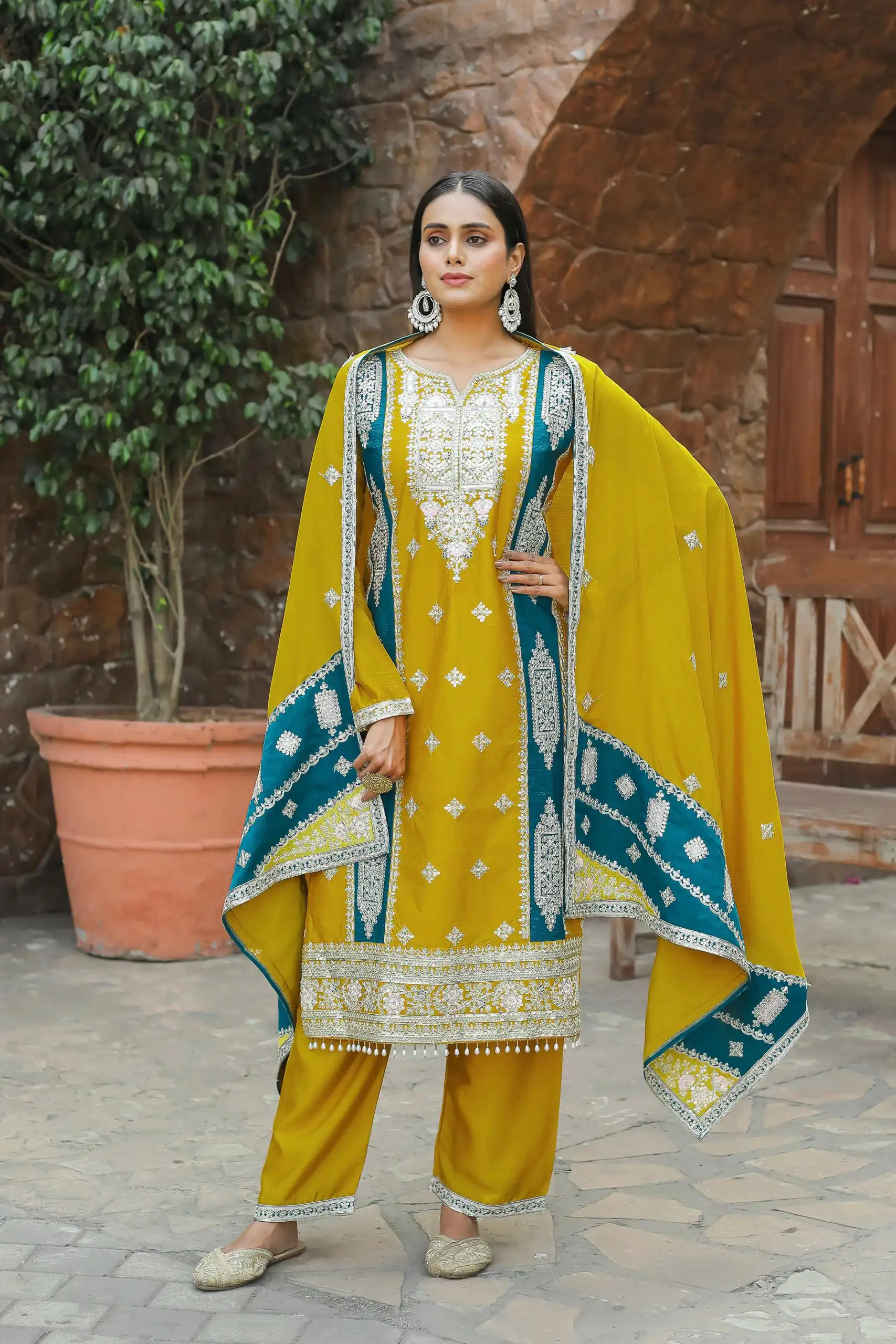 AD153 Yellow Color Chinon Silk Embroidery Sequence Sharara Suit Fancy Full Sleeve Wedding, Party, Festive, Events . Expected Delivery  4-6 Working Days @2199 | Jump Suits, Salwar suit, Casual Suits, Creative suits, Designer Suits, Palazzo Suits, Party Wear Suits, Patiala Suits, Straight Suits