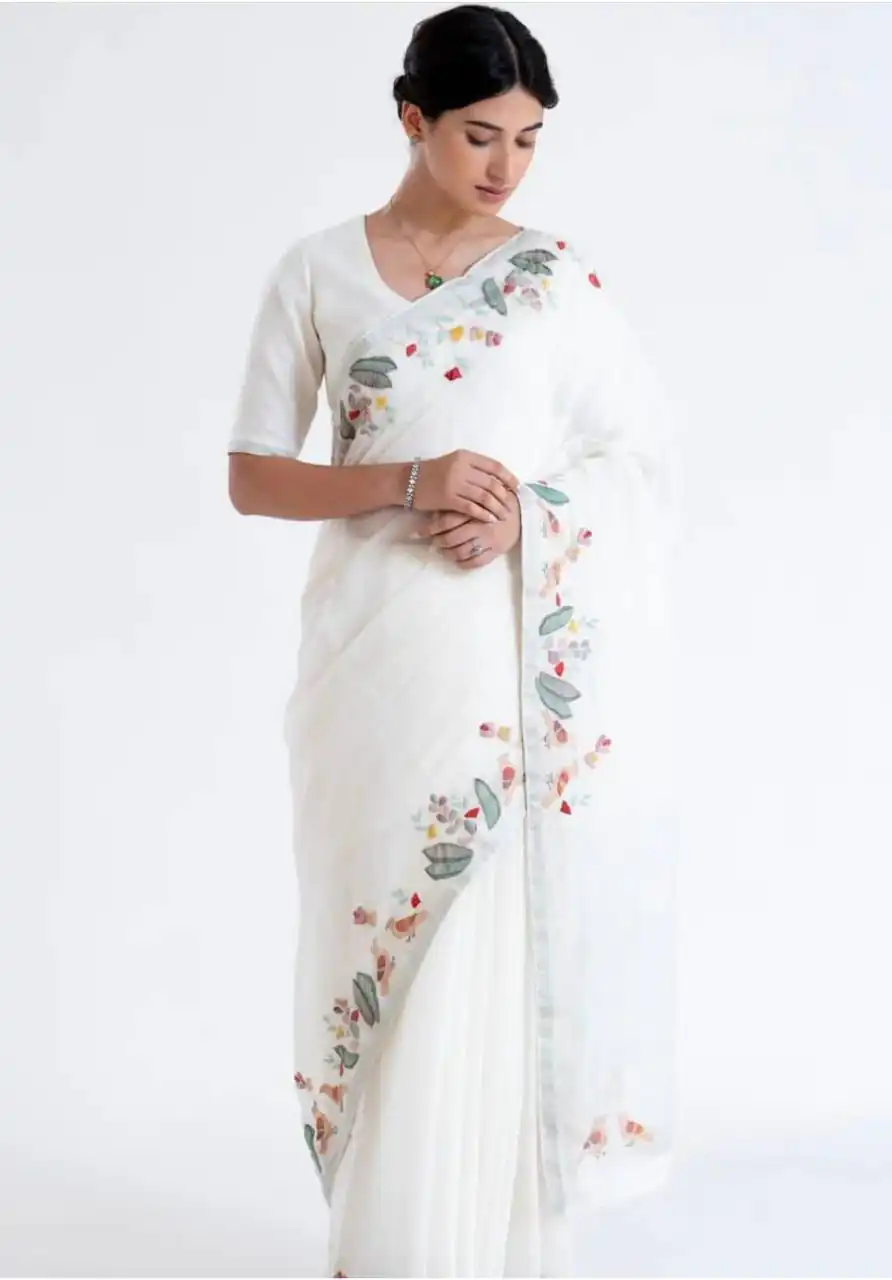RS CREAMY White  Color Creamy Linen Digital Flower Printed Saree Casual, Party, Wedding, Festive, Events Etc.  Expected Delivery  4-6 Working Days @1499/- Only | Designer Sarees, Sarees, Bollywood Sarees, Creative Sarees, Embroidered Sarees, Ethnic Saree, Modern Digital sarees, Party Wear Sarees