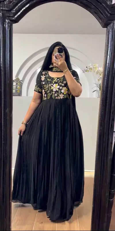 MF 499 Black  Color Faux Georgette Multi-Thread Embroidered Work Anarkali Suit Wedding, Party, Festive, Events Etc. Expected 4-6 Working Days @1599/- | Anarkali Suits, Bollywood Anarkali, Creative-Anarkali, Designer Anarkali, Embroidered Anarkali, Party Wear Anarkali