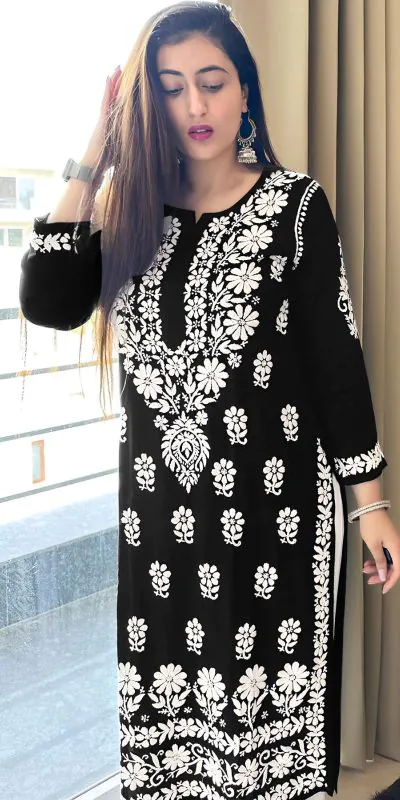 MJF 1023 Black Color Heavy Rayon Cotton Style Embroidery Work Kurti Wedding, Party, Festive, Events Etc.   Expected Delivery 4-6 Working Days @1499/- | Kurti, Bollywood Kurti, Creative Kurtis, Designer Kurti, Party Wear Kurti, Selfie Kurti