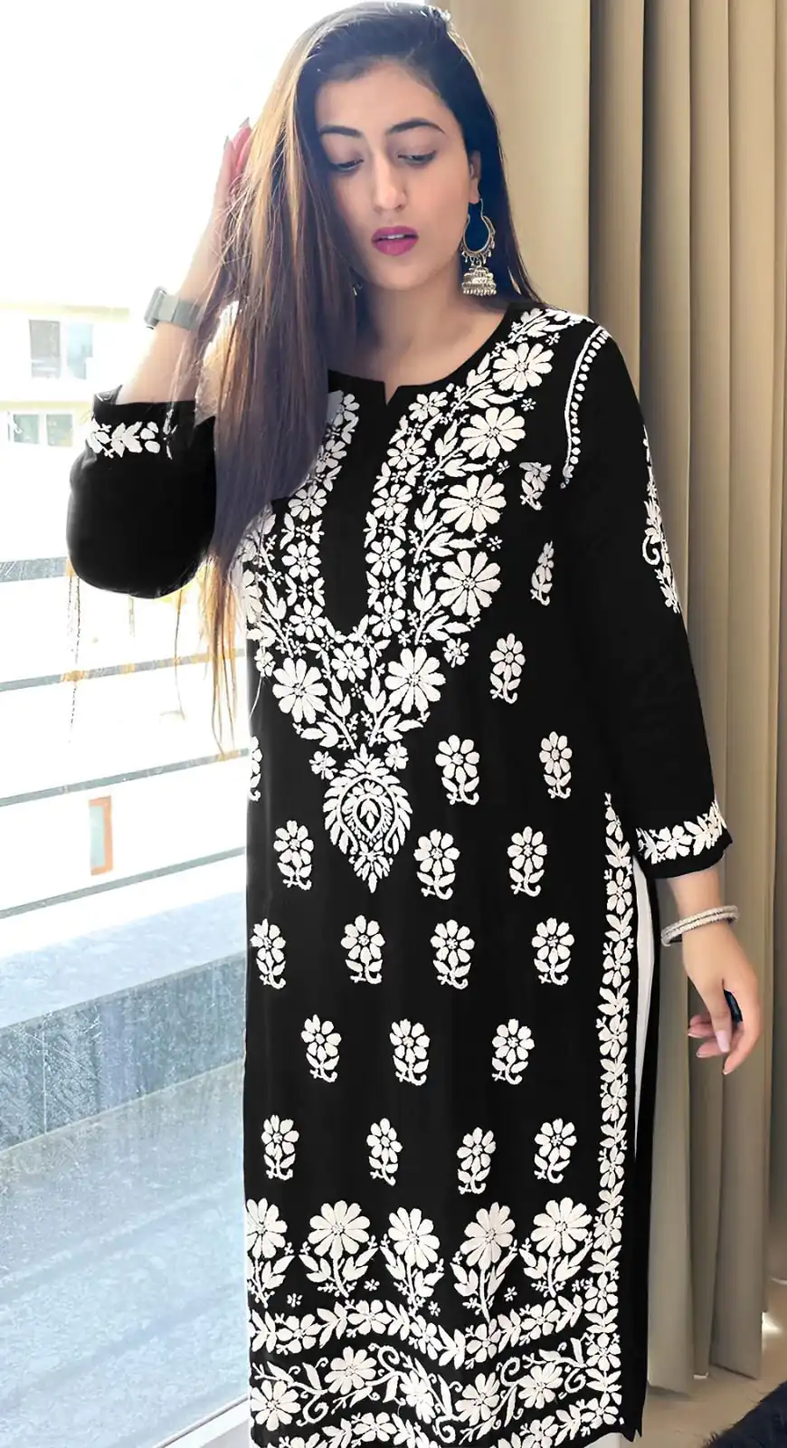 MJF 1023 Black Color Heavy Rayon Cotton Style Embroidery Work Kurti Wedding, Party, Festive, Events Etc.   Expected Delivery 4-6 Working Days @1499/- | Kurti, Bollywood Kurti, Creative Kurtis, Designer Kurti, Party Wear Kurti, Selfie Kurti
