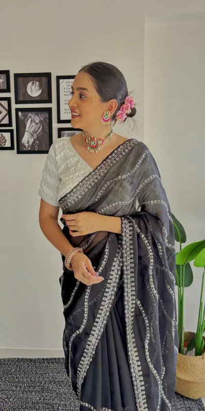 AC BROWNIE Black Color Soft Organza Zari With Sequence Saree Blouse :Heavy Velvet   Casual, Wedding, Festive, Events Expected Delivery 4-6 Working Days @1999 | Designer Sarees, Sarees, Bollywood Sarees, Creative Sarees, Embroidered Sarees, Ethnic Saree, Modern Digital sarees, Party Wear Sarees