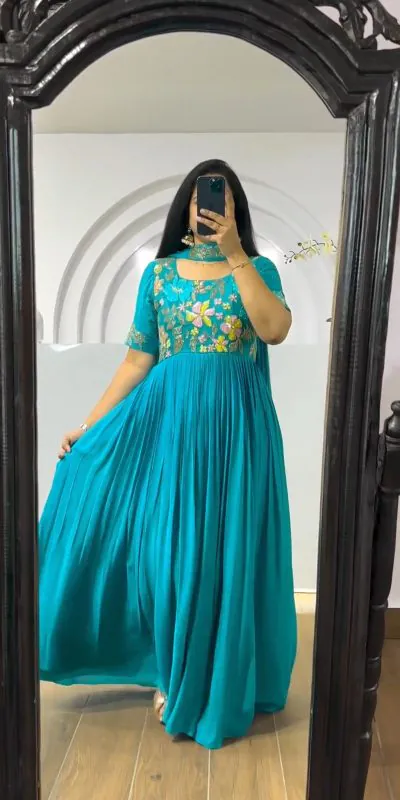 MF 499 Blue Color Faux Georgette Multi-Thread Embroidered Work Anarkali Suit Wedding, Party, Festive, Events Etc. Expected 4-6 Working Days @1599/- | Anarkali Suits, Bollywood Anarkali, Creative-Anarkali, Designer Anarkali, Embroidered Anarkali, Party Wear Anarkali