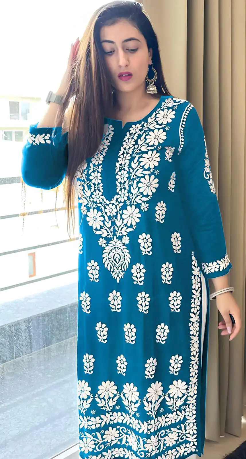MJF 1023 Blue Color Heavy Rayon Cotton Style Embroidery Work Kurti Wedding, Party, Festive, Events Etc.   Expected Delivery 4-6 Working Days @1499/- | Kurti, Bollywood Kurti, Creative Kurtis, Designer Kurti, Party Wear Kurti, Selfie Kurti