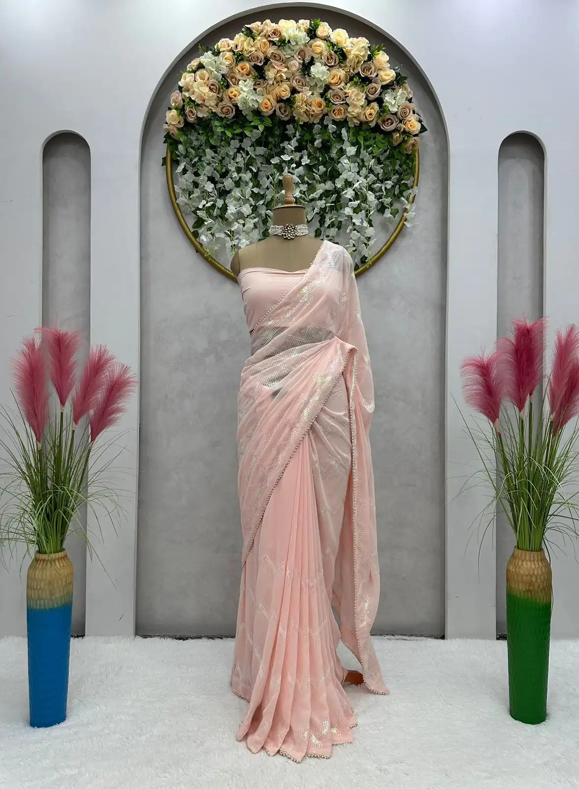 KD 401 Light Pink Georgette Thread Sequence Lace Saree Casual, Party, Wedding, Festive, Events Etc. Expected Delivery 4-6 Working Days @1799/- | Designer Sarees, Sarees, Bollywood Sarees, Creative Sarees, Embroidered Sarees, Modern Digital sarees, Party Wear Sarees