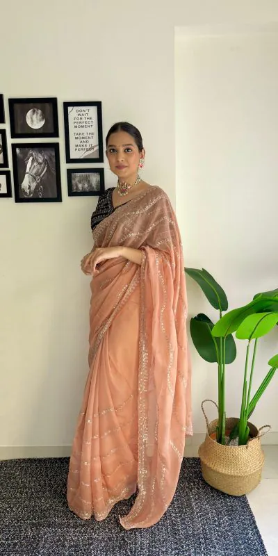 AC BROWNIE Peach Color Soft Organza Zari With Sequence Saree Blouse :Heavy Velvet   Casual, Wedding, Festive, Events Expected Delivery 4-6 Working Days @1999 | Designer Sarees, Sarees, Bollywood Sarees, Creative Sarees, Embroidered Sarees, Ethnic Saree, Modern Digital sarees, Party Wear Sarees