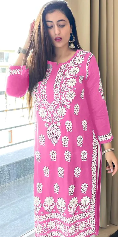 MJF 1023 Pink Color Heavy Rayon Cotton Style Embroidery Work Kurti Wedding, Party, Festive, Events Etc.   Expected Delivery 4-6 Working Days @1499/- | Kurti, Bollywood Kurti, Creative Kurtis, Designer Kurti, Party Wear Kurti, Selfie Kurti