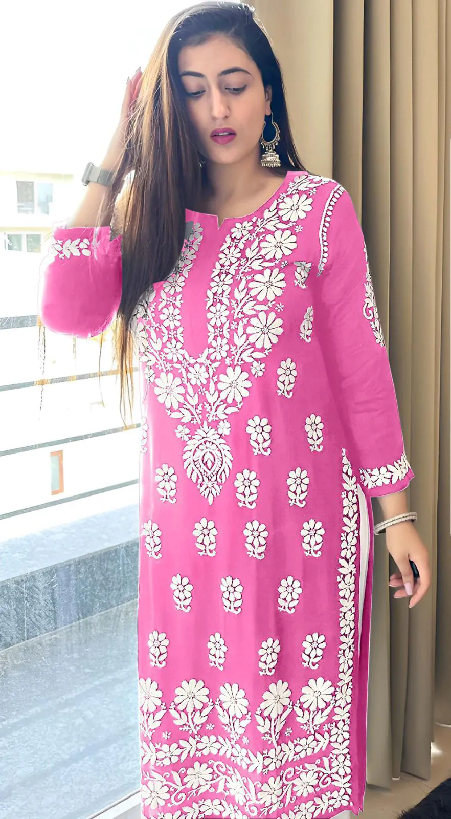MJF 1023 Pink Color Heavy Rayon Cotton Style Embroidery Work Kurti Wedding, Party, Festive, Events Etc.   Expected Delivery 4-6 Working Days @1499/- | Kurti, Bollywood Kurti, Creative Kurtis, Designer Kurti, Party Wear Kurti, Selfie Kurti