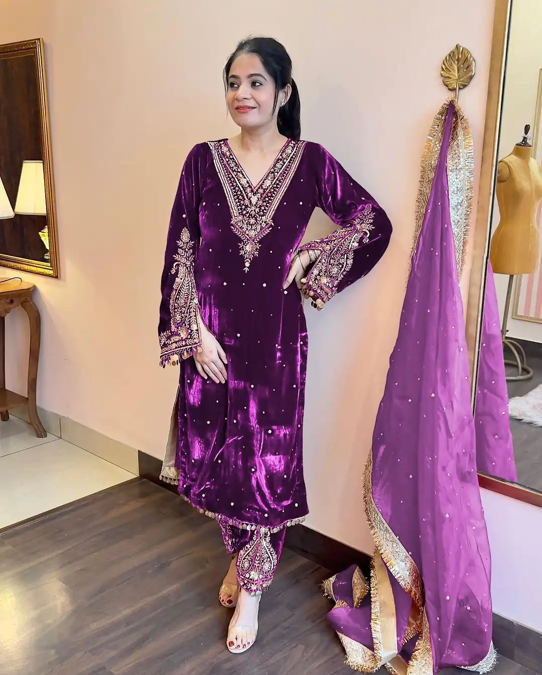 AD 134 Purple Color Heavy Pure Viscose Velvet Embroidery Sharara Suit Wedding, Party, Festive, Events Etc. Expected Delivery  4-6 Working Days @2099/- | Casual Suits, Jump Suits, Salwar suit, Creative suits, Designer Suits, Palazzo Suits, Party Wear Suits, Patiala Suits, Straight Suits