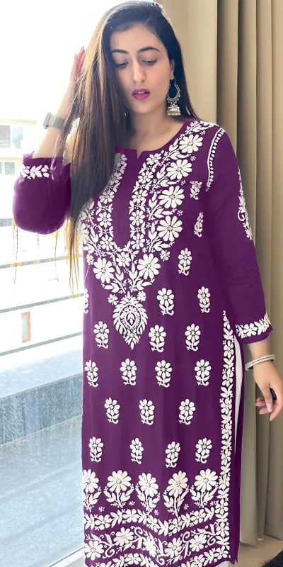 MJF 1023 Purple Color Heavy Rayon Cotton Style Embroidery Work Kurti Wedding, Party, Festive, Events Etc.   Expected Delivery 4-6 Working Days @1499/- | Kurti, Bollywood Kurti, Creative Kurtis, Designer Kurti, Party Wear Kurti, Selfie Kurti