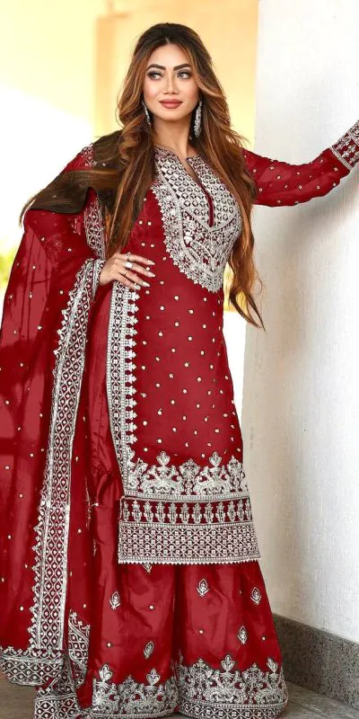 SSR 449 Red Color Georgette Embroidery Sequence Salwar Suit Wedding, Party, Festive, Events Expected Delivery 4-6 Working Days @ 2049/- Only | Salwar suit, Casual Suits, Creative suits, Designer Suits, Party Wear Suits, Straight Suits