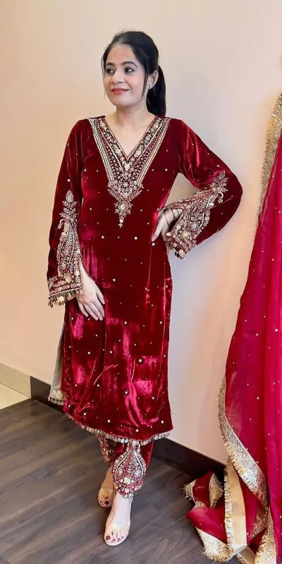 AD 134 Red Color Heavy Pure Viscose Velvet Embroidery Sharara Suit Wedding, Party, Festive, Events Etc. Expected Delivery  4-6 Working Days @2099/- | Jump Suits, Salwar suit, Casual Suits, Creative suits, Designer Suits, Palazzo Suits, Party Wear Suits, Patiala Suits, Straight Suits
