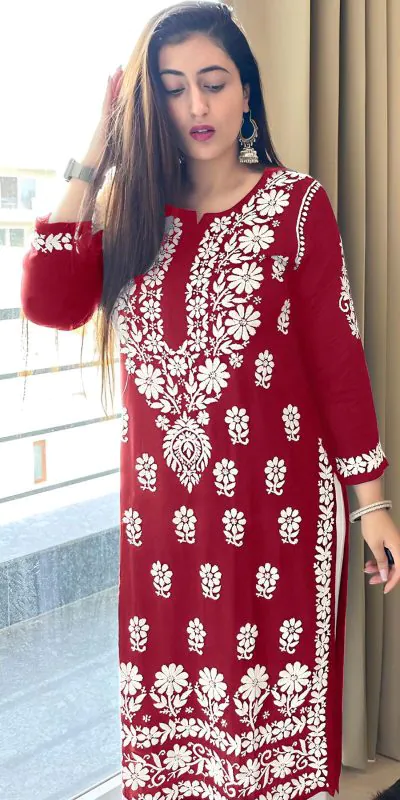 MF 1023 Red  Color Heavy Rayon Cotton Style Embroidery Work Kurti Wedding, Party, Festive, Events Etc.   Expected Delivery 4-6 Working Days @1499/- | Kurti, Bollywood Kurti, Creative Kurtis, Designer Kurti, Party Wear Kurti, Selfie Kurti