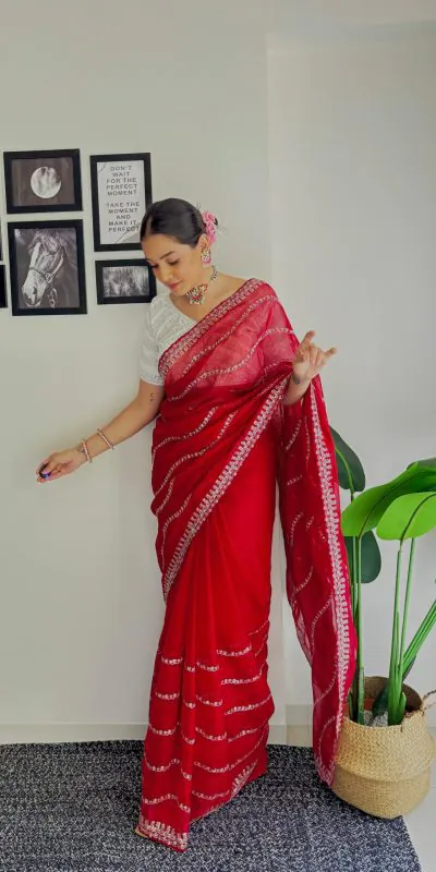 AC BROWNIE Red Color Soft Organza Zari With Sequence Saree Blouse :Heavy Velvet   Casual, Wedding, Festive, Events Expected Delivery 4-6 Working Days @1999 | Designer Sarees, Sarees, Bollywood Sarees, Creative Sarees, Embroidered Sarees, Ethnic Saree, Modern Digital sarees, Party Wear Sarees