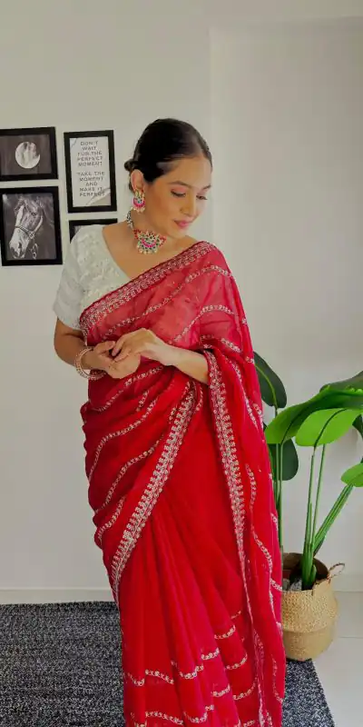 AC BROWNIE Red Color Soft Organza Zari With Sequence Saree Blouse :Heavy Velvet Casual, Wedding, Festive, Events Expected Delivery 4-6 Working Days @1999 | Designer Sarees, Sarees, Bollywood Sarees, Creative Sarees, Embroidered Sarees, Ethnic Saree, Modern Digital sarees, Party Wear Sarees