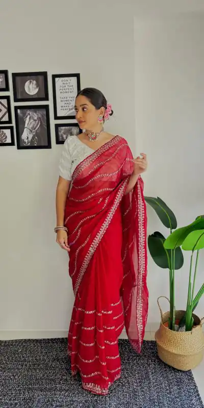 AC BROWNIE Red Color Soft Organza Zari With Sequence Saree Blouse :Heavy Velvet Casual, Wedding, Festive, Events Expected Delivery 4-6 Working Days @1999 | Designer Sarees, Sarees, Bollywood Sarees, Creative Sarees, Embroidered Sarees, Ethnic Saree, Modern Digital sarees, Party Wear Sarees