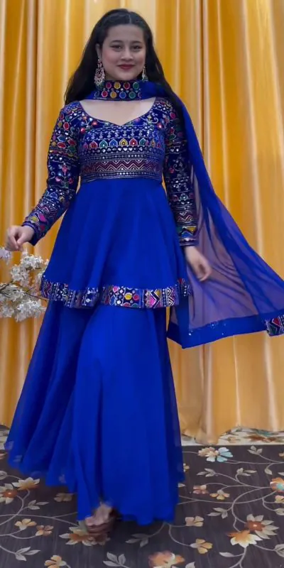  FC 5684 Royal Blue Top Georgette Embroidery Work Sharara Suit : Heavy Net Thread Work Wedding, Party, Festive, Events Etc.   Expected Delivery  @2149/- Only | Jump Suits, Salwar suit, Casual Suits, Creative suits, Designer Suits, Palazzo Suits, Party Wear Suits, Straight Suits