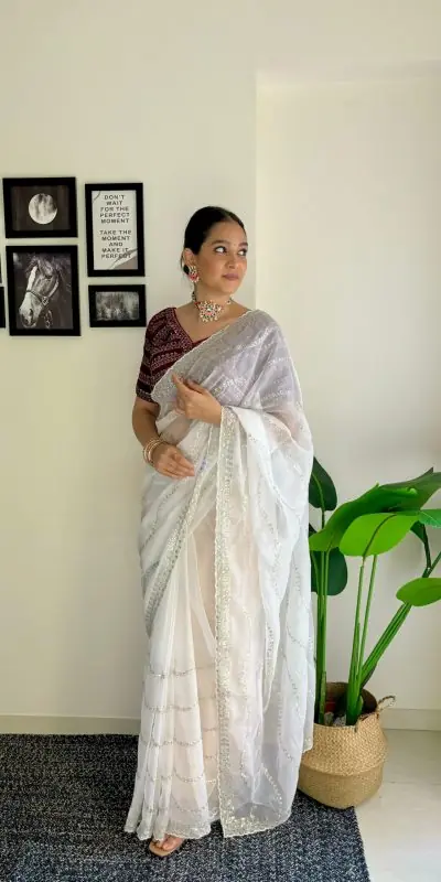AC BROWNIE White Color Soft Organza Zari With Sequence Saree Blouse :Heavy Velvet   Casual, Wedding, Festive, Events Expected Delivery 4-6 Working Days @1999 | Designer Sarees, Sarees, Bollywood Sarees, Creative Sarees, Embroidered Sarees, Ethnic Saree, Modern Digital sarees, Party Wear Sarees