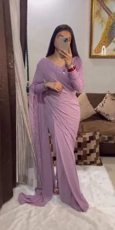 BT 1214 Light Purple Color Georgette Embroidery Thread Work Saree Casual, Party Wear, Traditional Wear, Wedding Wear, Events Etc.@1749/- | Designer Sarees, Sarees, Bollywood Sarees, Creative Sarees, Ethnic Saree, Modern Digital sarees, Party Wear Sarees