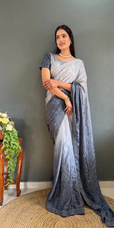 JM Strawberry Grey Color Pure Chinon Chiffon Sirvoski Dimond Saree Casual, Wedding, Festive, Events . Expected Delivery  4-6 Working Days @1549/- | Designer Sarees, Sarees, Bollywood Sarees, Creative Sarees, Embroidered Sarees, Ethnic Saree, Modern Digital sarees, Party Wear Sarees