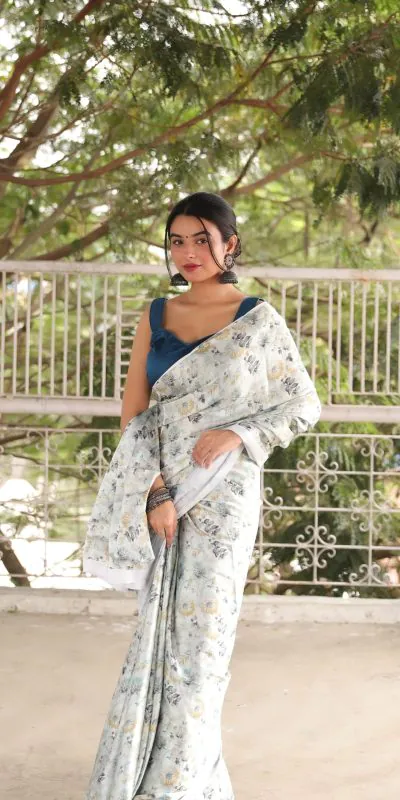 RM102 Light Grey Color Heavy Devsena Soft Silk Digital Printed Saree Casual, Party Wear, Wedding, Events Etc Delivery Expected.4-6 Working Days 1499/- | Designer Sarees, Sarees, Bollywood Sarees, Creative Sarees, Embroidered Sarees, Ethnic Saree, Modern Digital sarees, Party Wear Sarees